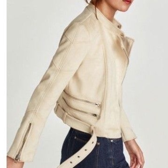 ZARA FAUX SUEDE BIKER JACKET STONE sz XS - Picture 2 of 8